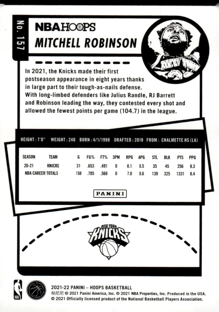 2021-22 NBA Hoops #157 Mitchell Robinson (back)