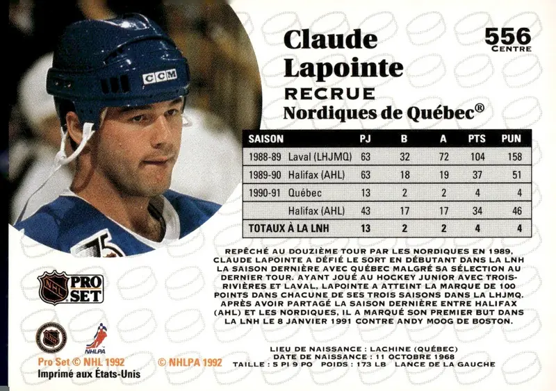 1991-92 Pro Set (French/Bilingual Canadian Edition) #556 Claude Lapointe – French-language edition (back)
