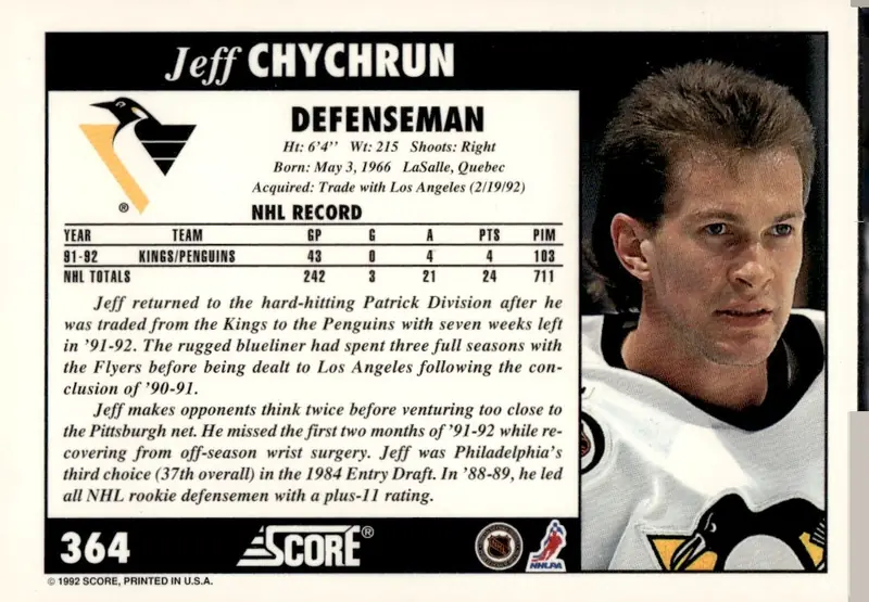 1992-93 Score (Canadian/English) #364 Jeff Chychrun (back)