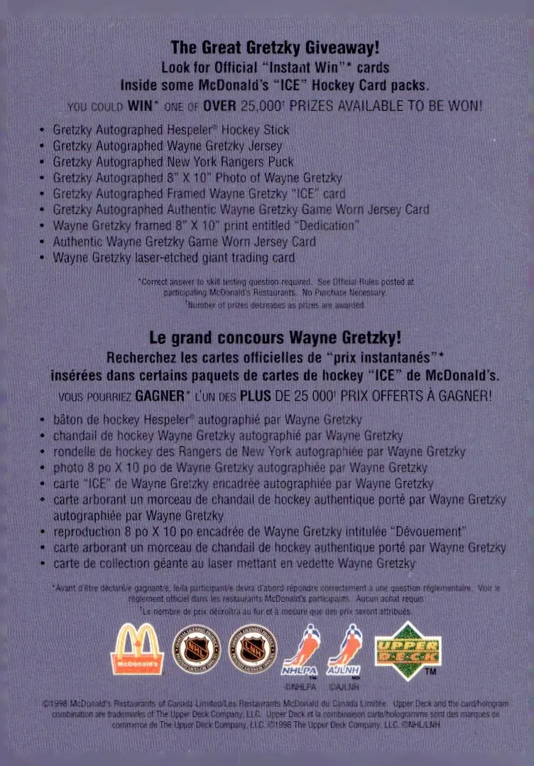 1998-99 Upper Deck Ice McDonald's (McDonald's Canada) Checklist (back)