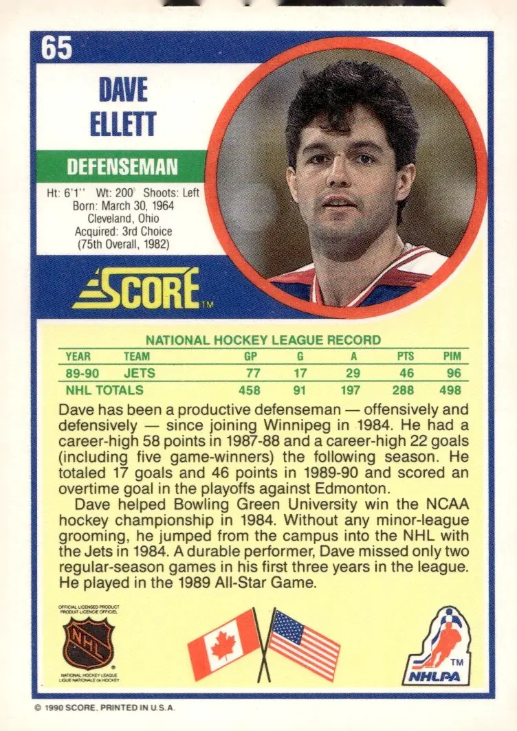 1990-91 Score (U.S. edition) #65 Dave Ellett (back)