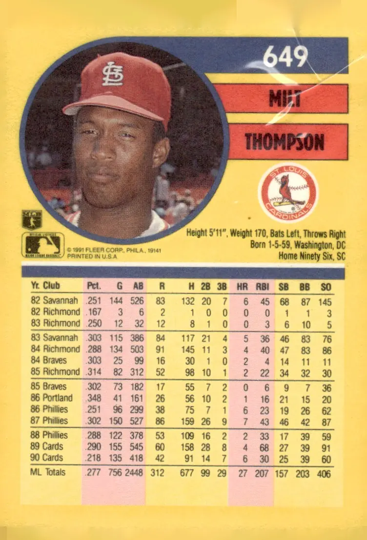 1991 Fleer #649 Milt Thompson (back)