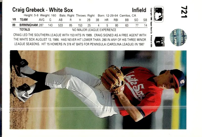 1990 Upper Deck #721 Craig Grebeck (back)