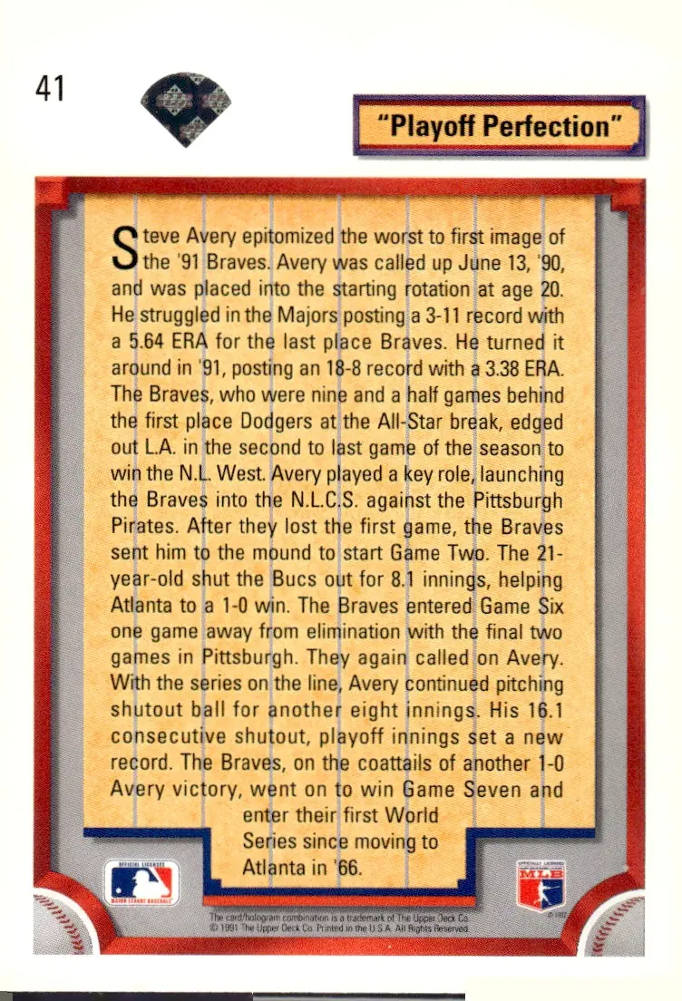 1992 Upper Deck #41 Steve Avery (back)