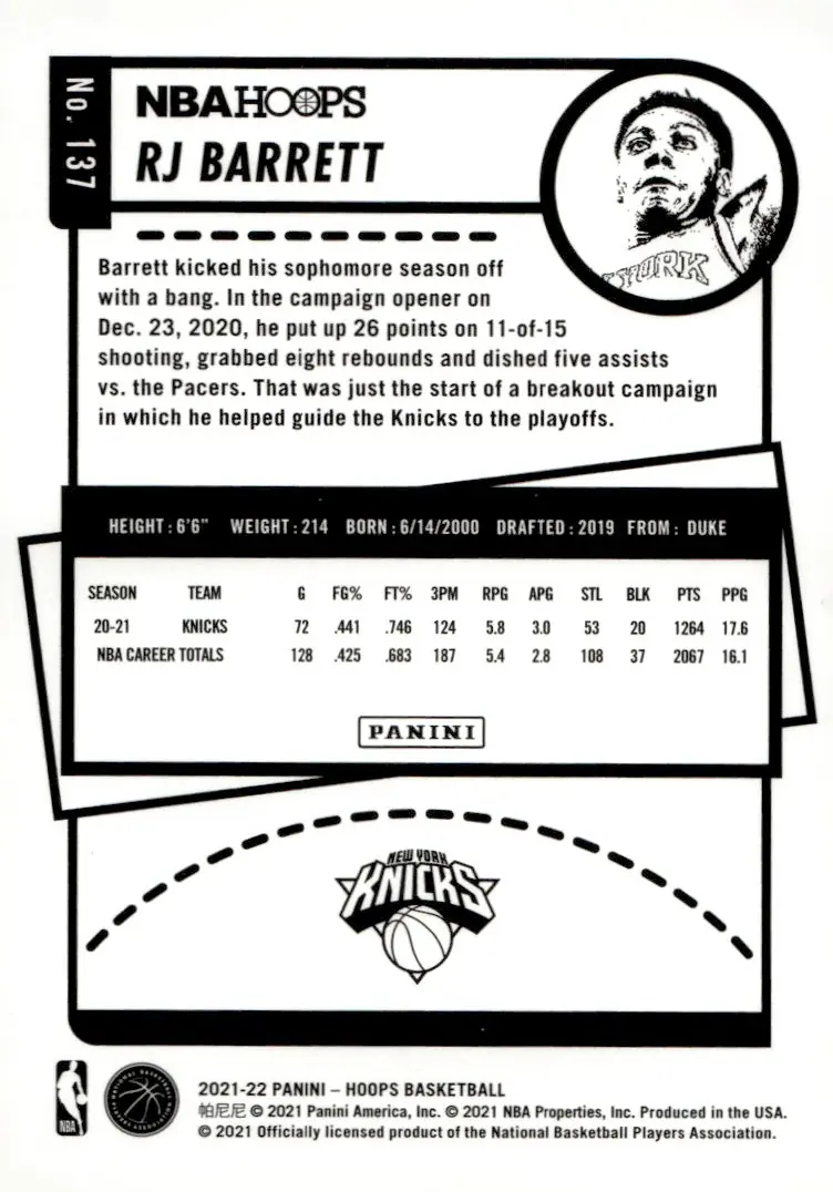 2021-22 NBA Hoops #137 RJ Barrett (back)