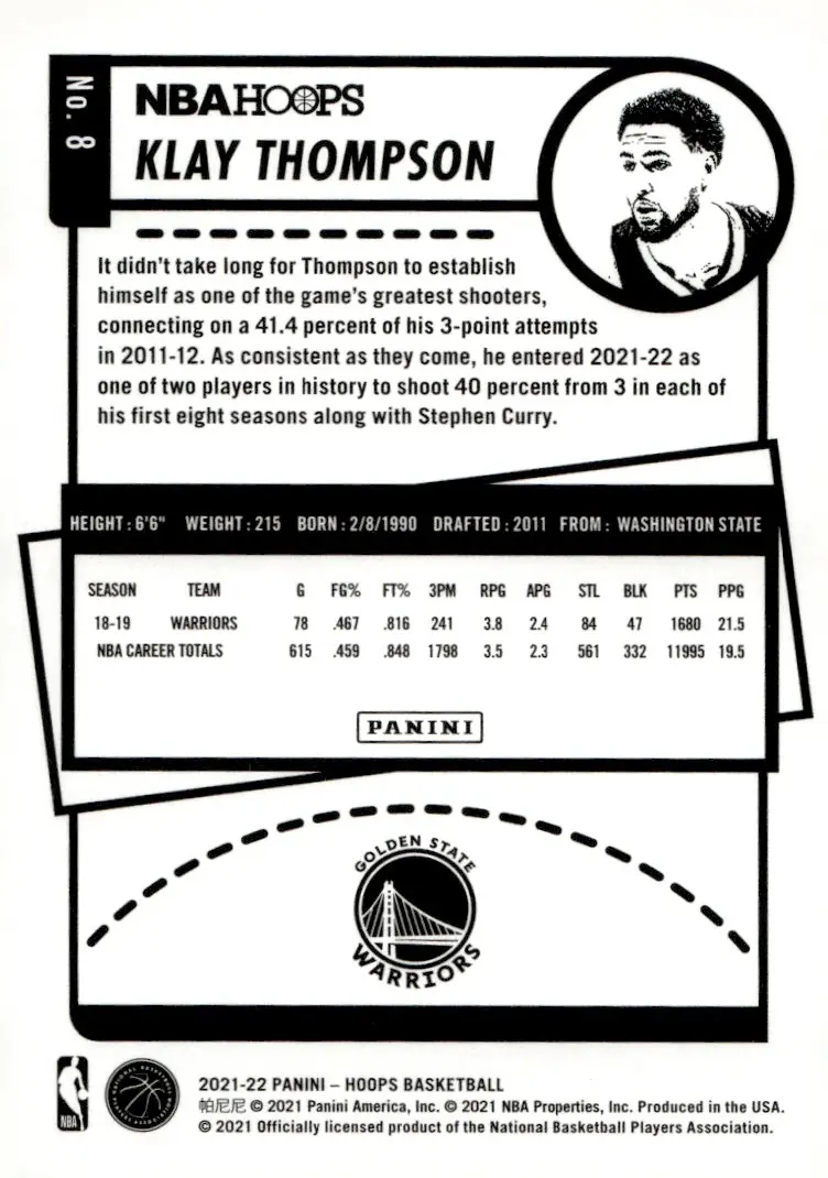 2021-22 NBA Hoops #8 Klay Thompson (back)
