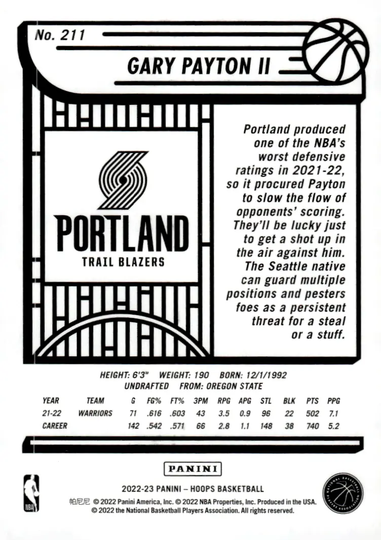 2022-23 NBA Hoops #211 Gary Payton II (back)
