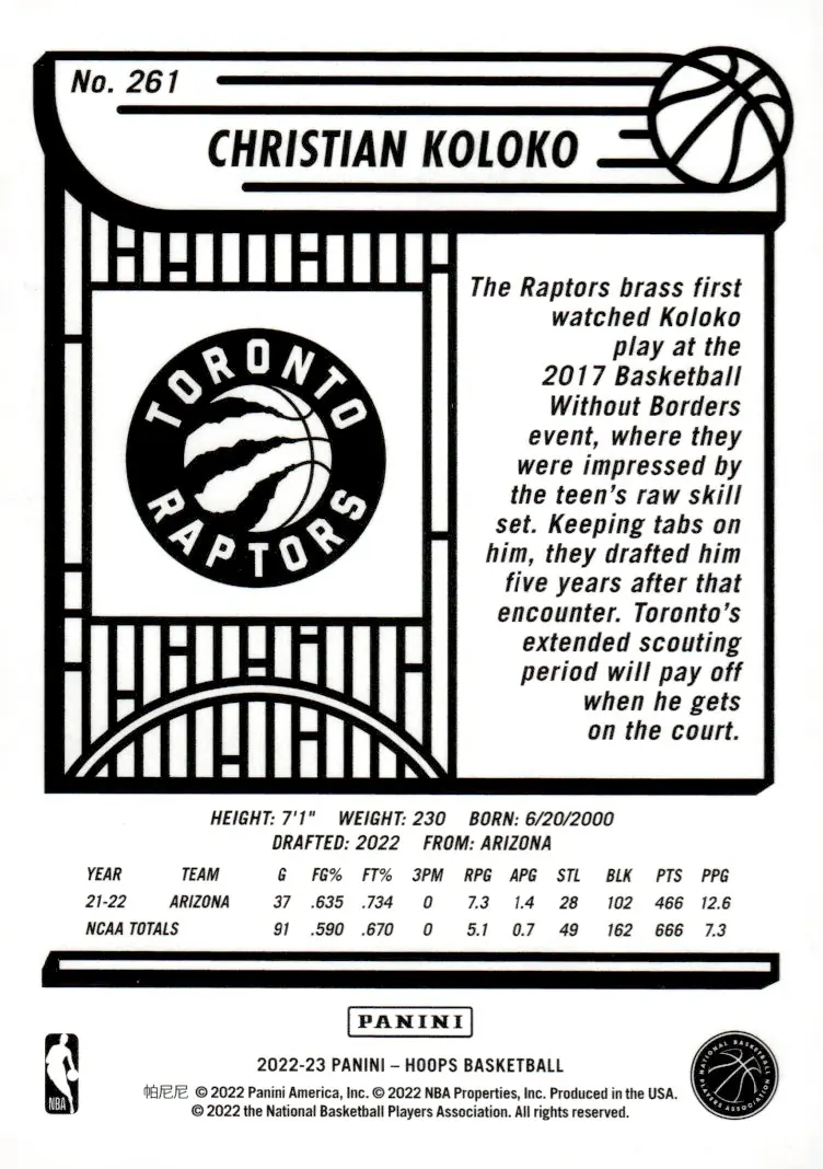 2022-23 NBA Hoops #261 Christian Koloko (back)