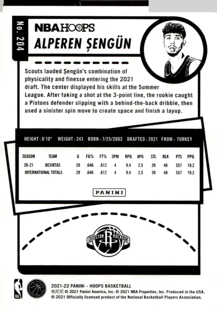 2021-22 NBA Hoops #204 Alperen Şengün (back)
