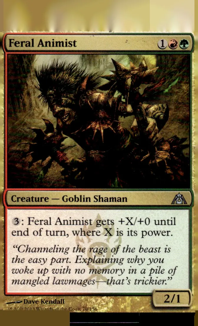 2013 Magic: The Gathering - Dragon's Maze #70/156 Feral Animist (Creature — Goblin Shaman, 2/1); art by Dave Kendall (front)