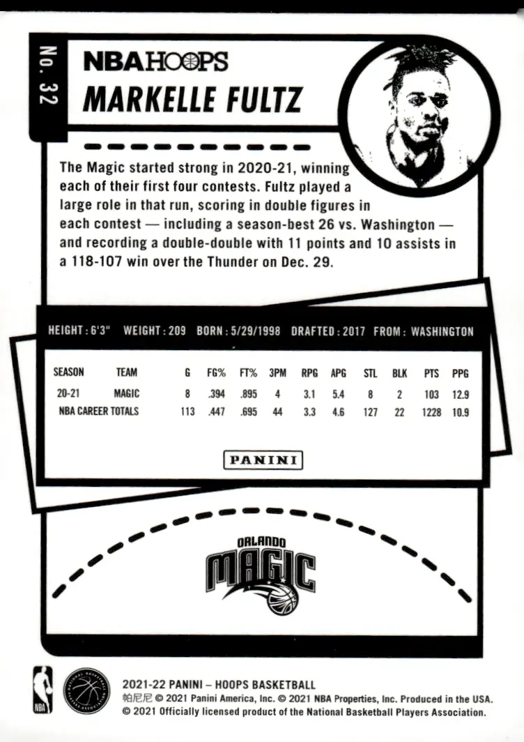 2021-22 NBA Hoops #32 Markelle Fultz (back)