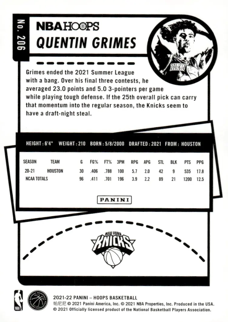 2021-22 NBA Hoops #206 Quentin Grimes (back)