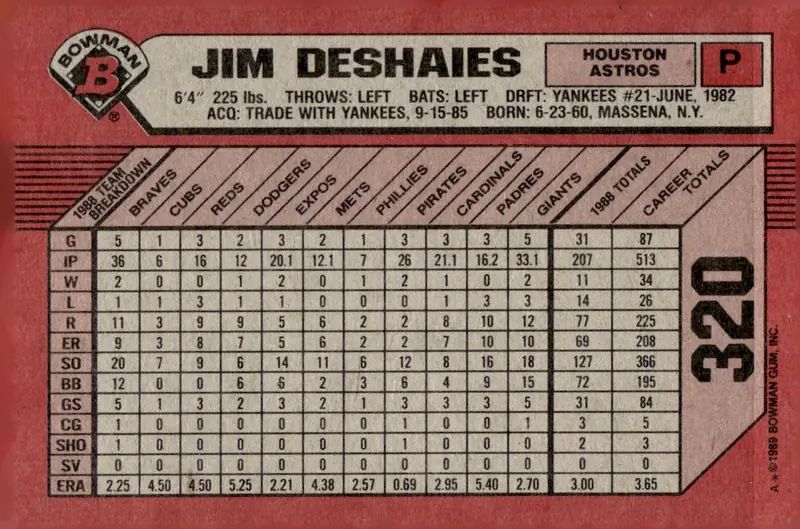 1989 Bowman #320 Jim Deshaies (back)