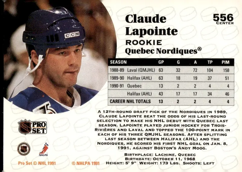 1991-92 Pro Set (Series 2) #556 Claude Lapointe (back)
