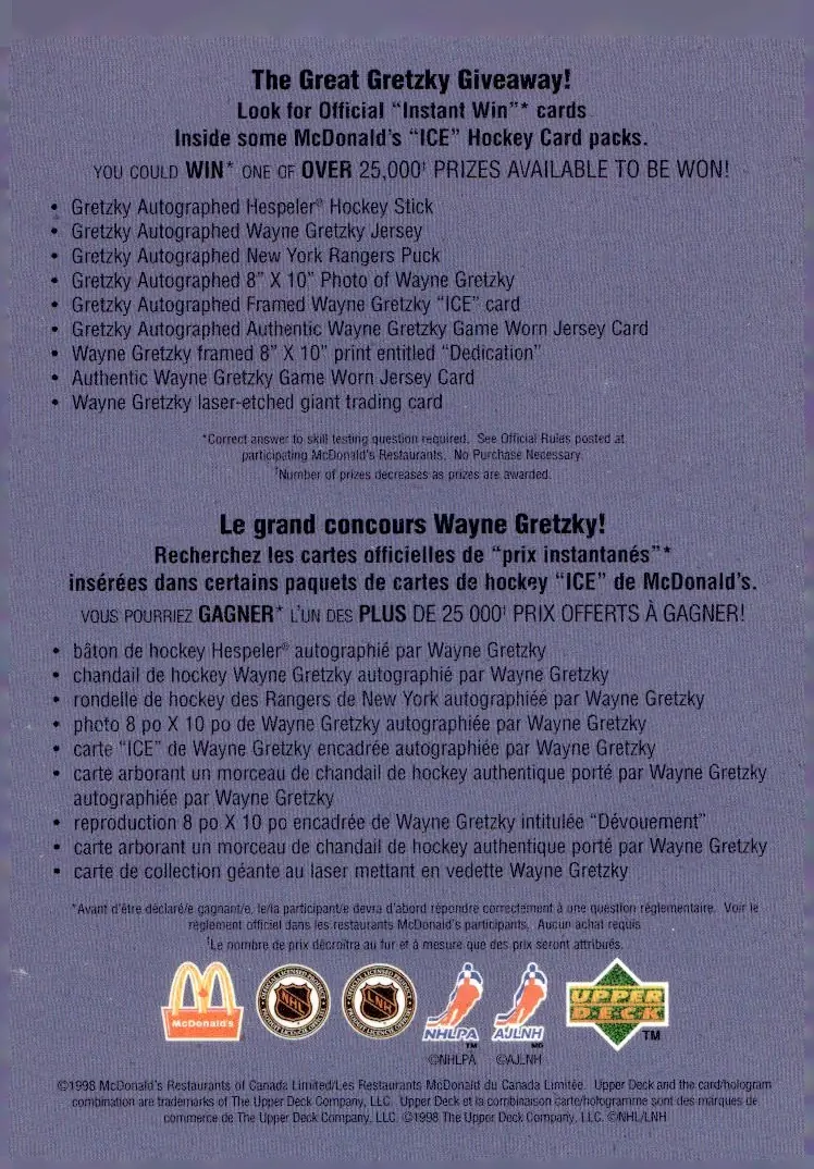 1998-99 Upper Deck Ice McDonald's Checklist (back)