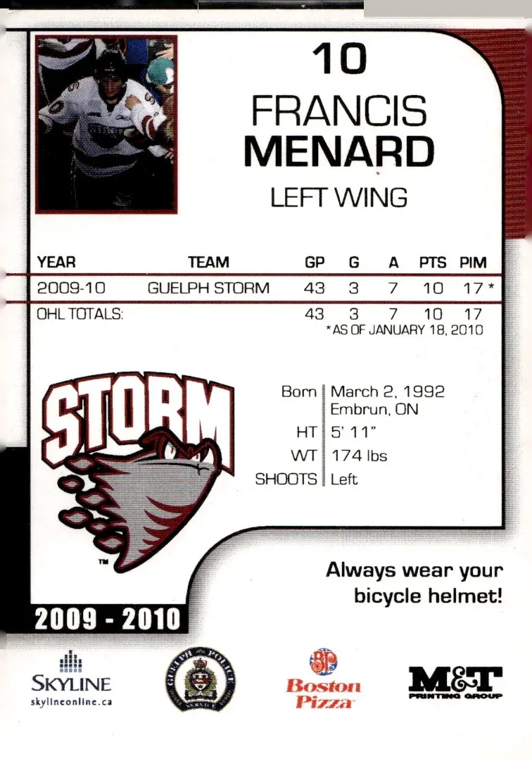 2009-10 Guelph Storm Team Issue Francis Menard (back)