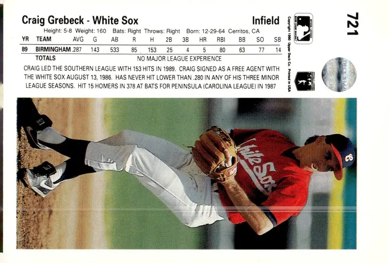 1990 Upper Deck #721 Craig Grebeck (back)
