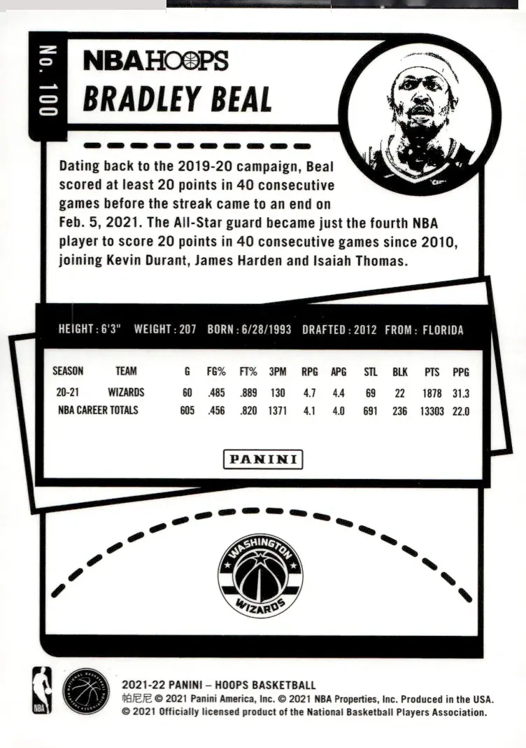 2021-22 NBA Hoops #100 Bradley Beal (back)