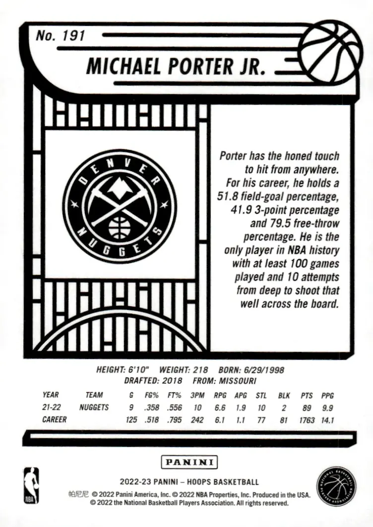 2022-23 NBA Hoops #191 Michael Porter Jr. (back)