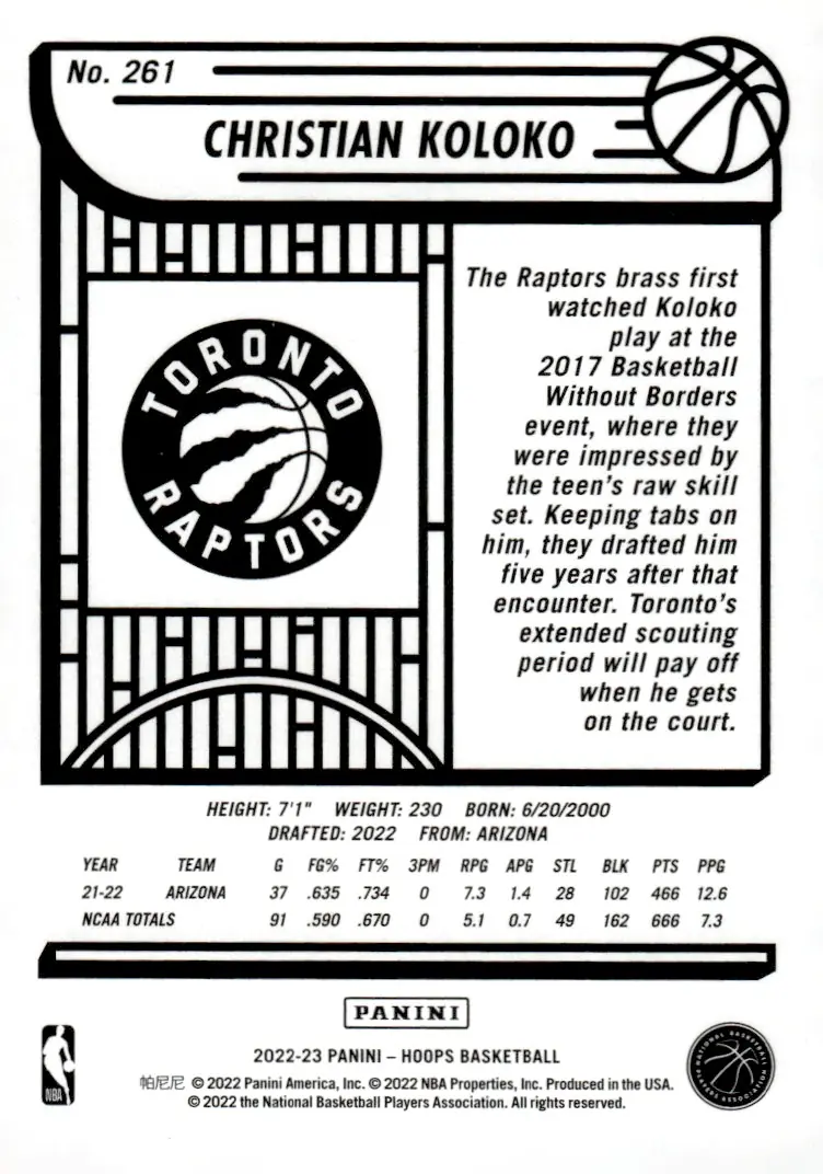 2022-23 NBA Hoops #261 Christian Koloko (back)