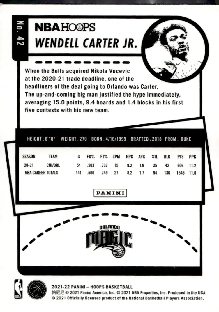 2021-22 NBA Hoops #42 Wendell Carter Jr. (back)