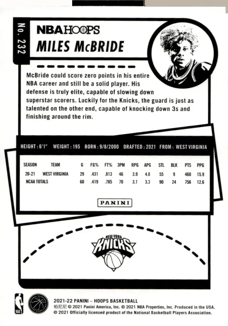 2021-22 NBA Hoops #232 Miles McBride (back)