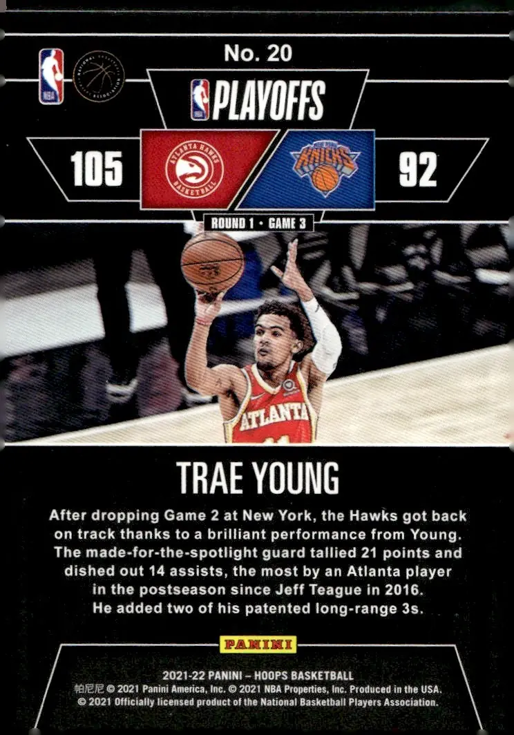 2021-22 NBA Hoops #20 Trae Young – Road to the Finals First Round (back)