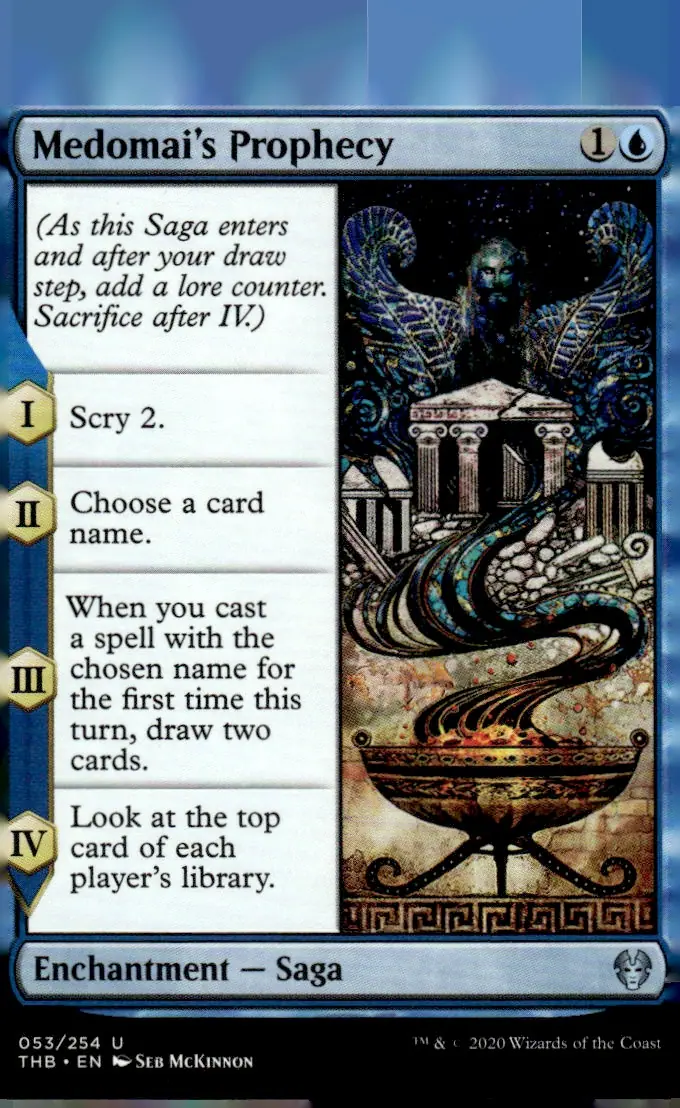2020 Theros Beyond Death (THB) #053/254 Medomai's Prophecy (card name); art by Seb McKinnon (front)