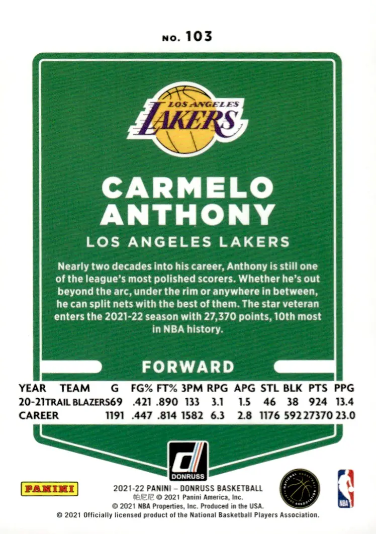 2021-22 Donruss #103 Carmelo Anthony (back)