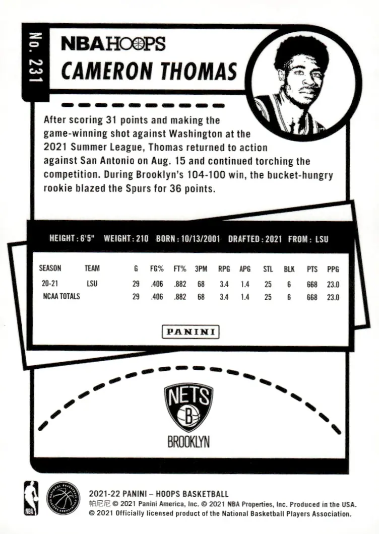 2021-22 NBA Hoops #231 Cameron Thomas (back)