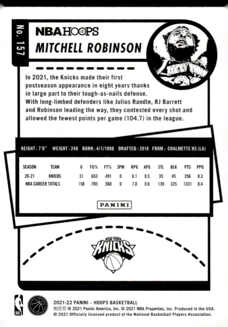 2021-22 NBA Hoops #157 Mitchell Robinson (back)