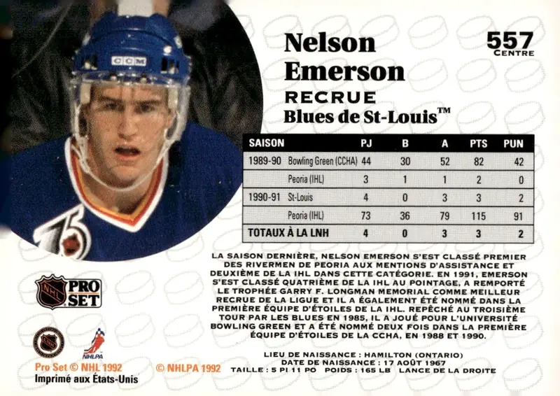 1991-92 Pro Set (French/Canadian edition) #557 Nelson Emerson – French-language edition (back)
