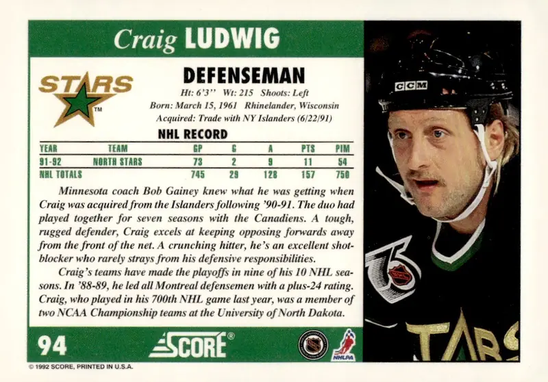 1992-93 Score (U.S. English edition) #94 Craig Ludwig (back)
