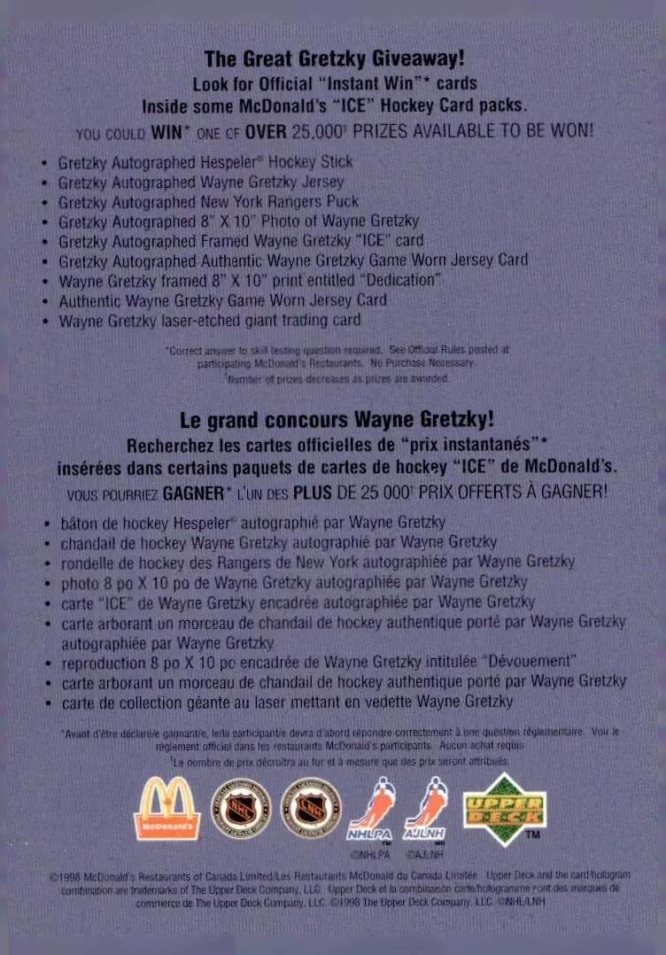 1998-99 Upper Deck Ice McDonald's #NNO Checklist (back)