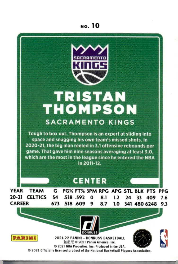 2021-22 Donruss #10 Tristan Thompson (back)