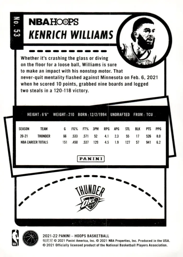 2021-22 NBA Hoops #53 Kenrich Williams (back)