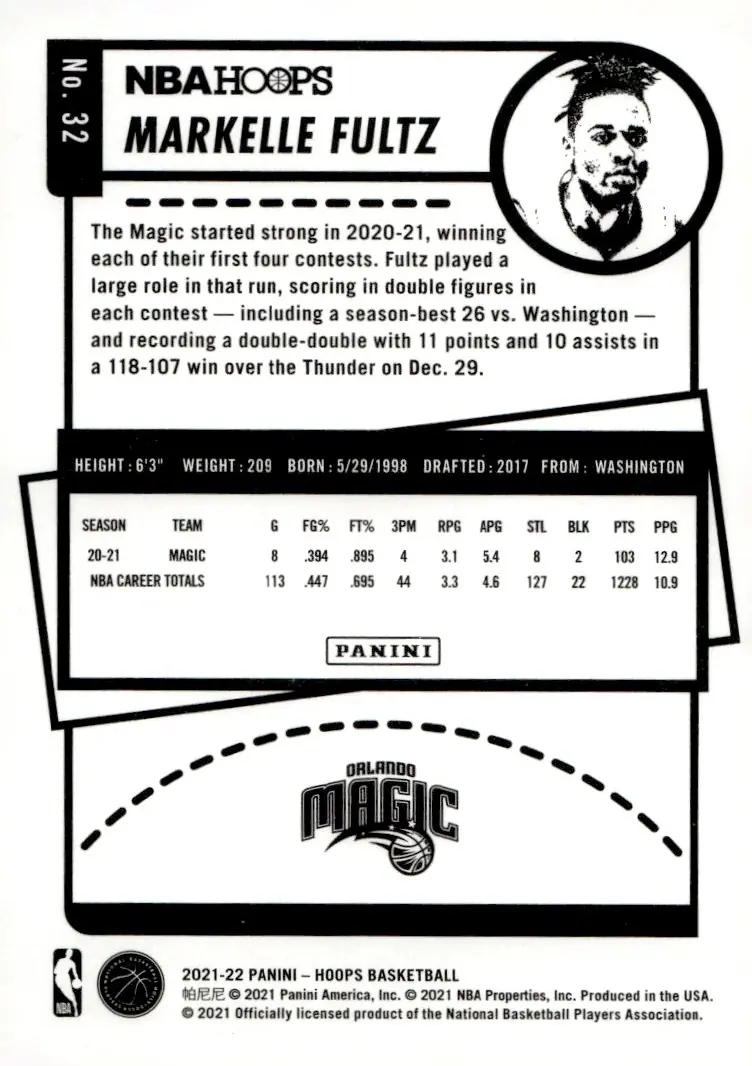 2021-22 NBA Hoops #32 Markelle Fultz (back)