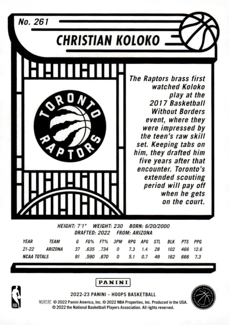 2022-23 NBA Hoops #261 Christian Koloko (back)