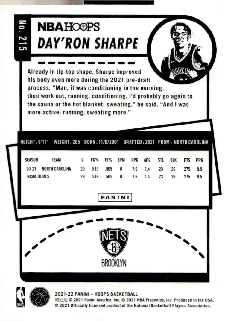 2021-22 NBA Hoops #215 Day'Ron Sharpe (back)
