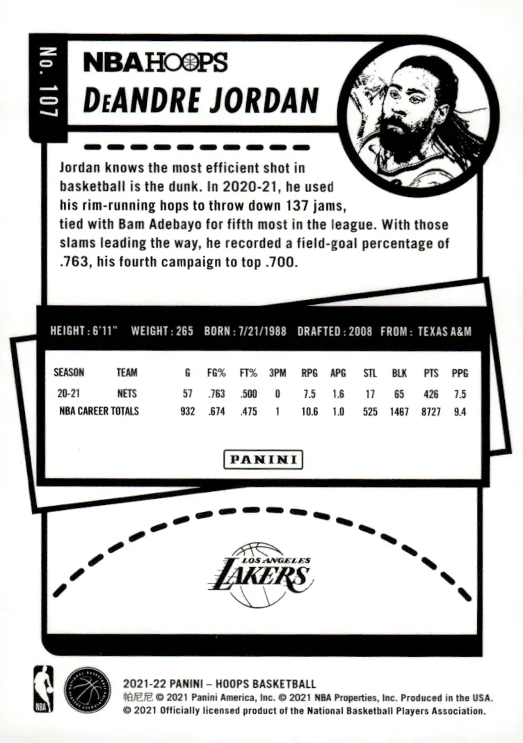 2021-22 NBA Hoops #107 DeAndre Jordan – Winter (back)