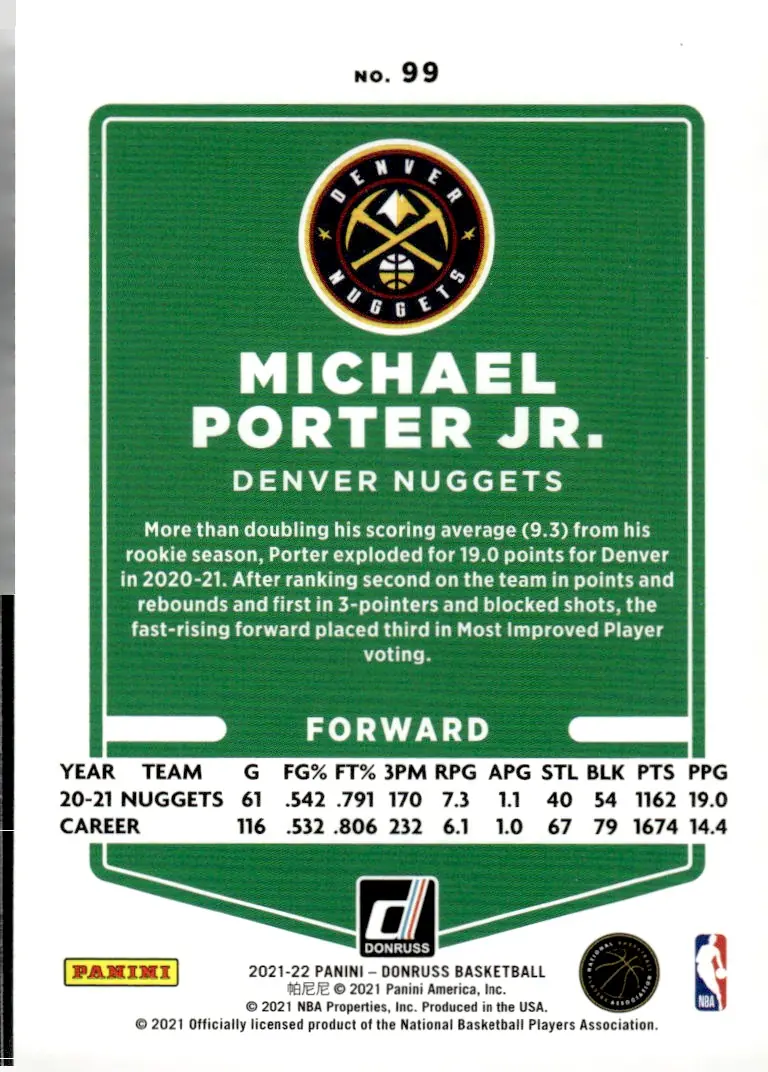 2021-22 Donruss #99 Michael Porter Jr. (back)