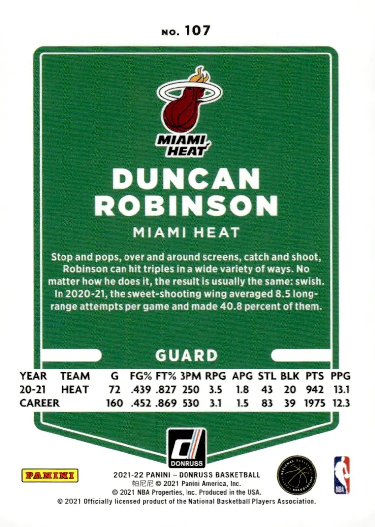 2021-22 Donruss #107 Duncan Robinson – Holo Orange Laser (back)