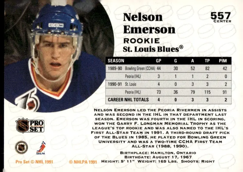 1991-92 Pro Set (Series 2) #557 Nelson Emerson (back)