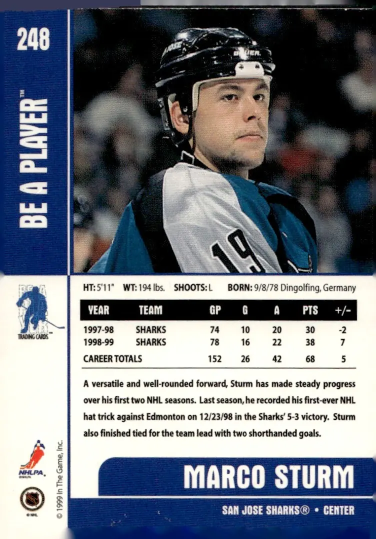 1999-00 Be A Player Memorabilia #248 Marco Sturm (back)