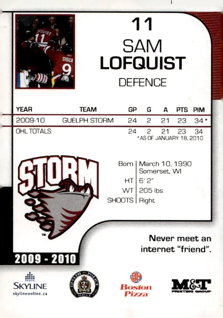 2009-10 Guelph Storm Team Set Sam Lofquist (back)
