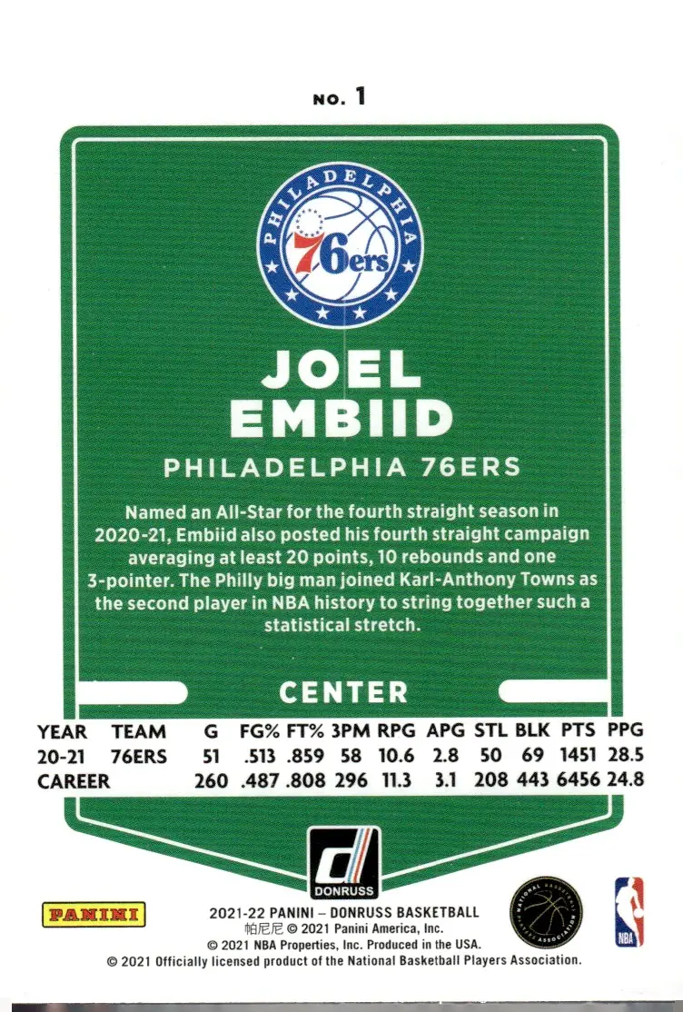 2021-22 Donruss Basketball #1 Joel Embiid (back)