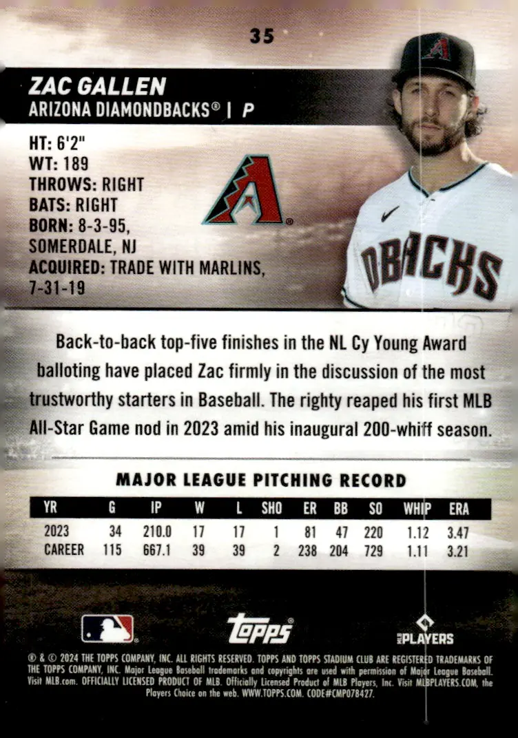 2024 Topps Stadium Club #35 Zac Gallen (back)