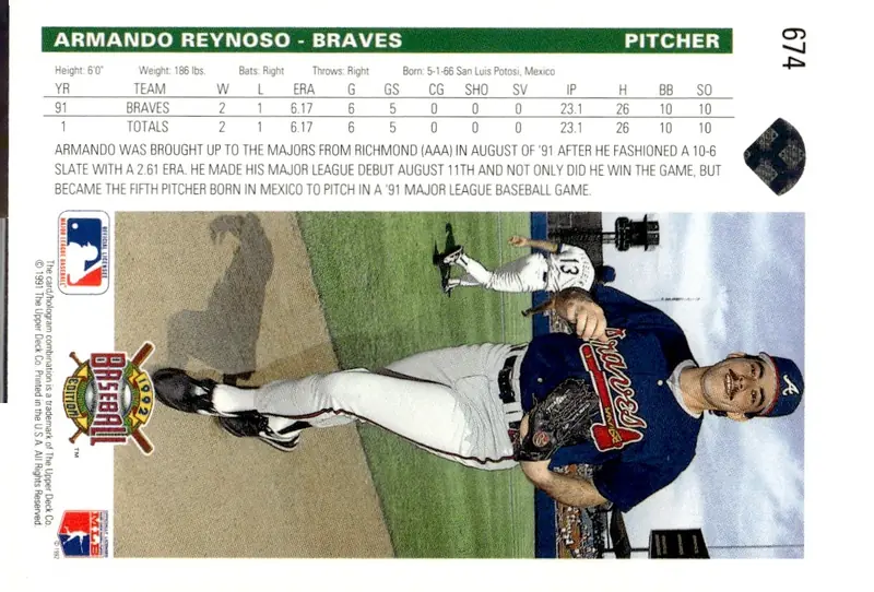 1992 Upper Deck Baseball #674 Armando Reynoso (back)