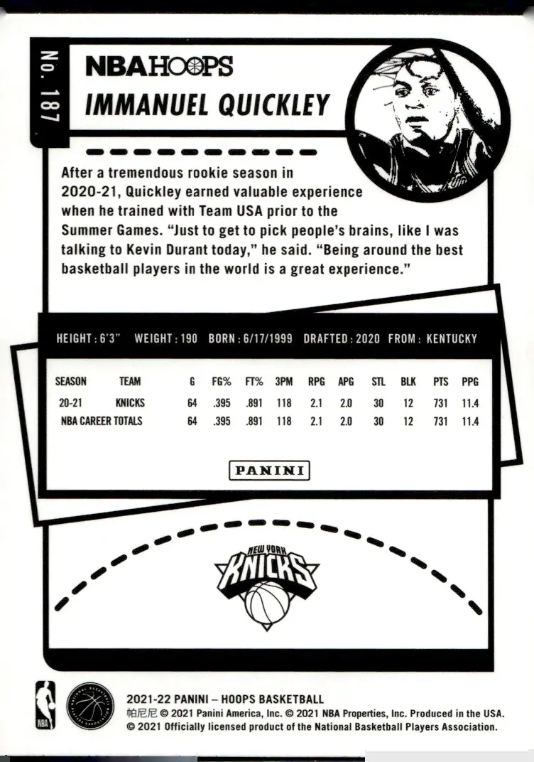 2021-22 NBA Hoops #187 Immanuel Quickley (back)