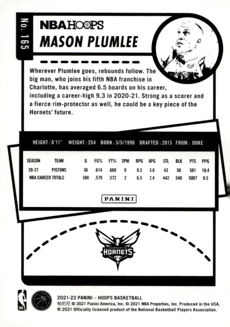 2021-22 NBA Hoops #165 Mason Plumlee (back)